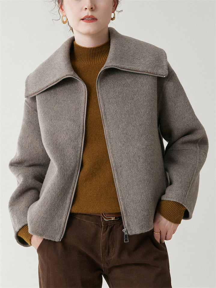 Ladies' Elegant Solid Color Lapel Waist Length Woolen Coats