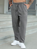 Men Plaid Drawstring Elastic Waist Casual Straight Trousers