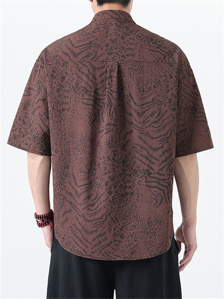 Men's Chinese Style Jacquard Loose Stand Collar Summer Short Sleeve Shirts