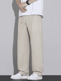 Mens Linen Blend Wide Leg Pants Casual Summer Drawstring Trousers