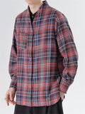 Men's Japanese Style Causal Collarless Loose Long Sleeve Plaid Shirts