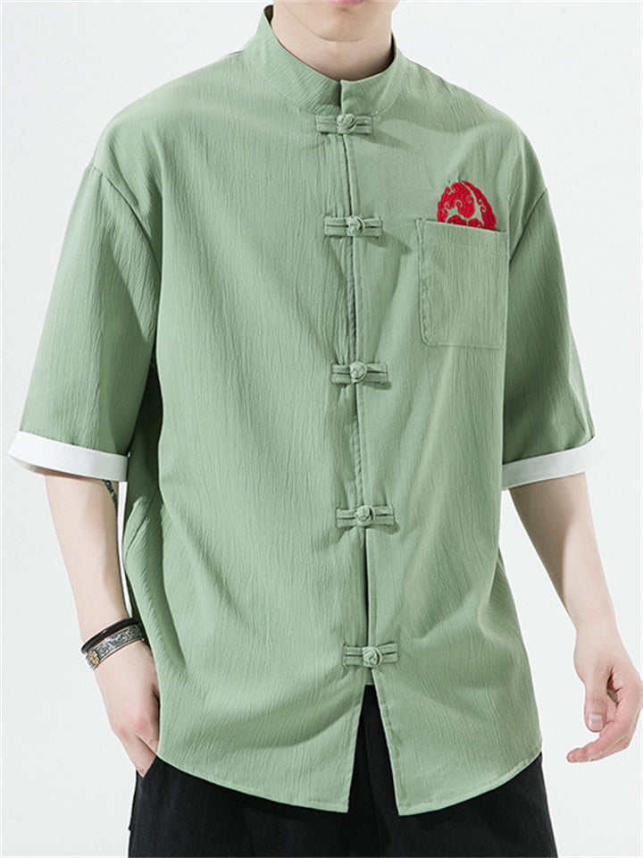 Men's Chinese Style Embroidery Frog Button Half Sleeve Shirts