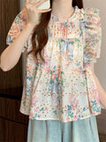 Women's Summer Sweet Style Floral Printed Puffed Sleeve Shirts