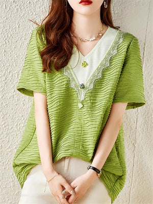 Loose Green V-Neck Texture Lace Patchwork Shirt for Women