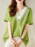 Loose Green V-Neck Texture Lace Patchwork Shirt for Women
