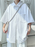 Summer Solid Color Pleated Button Up Half Sleeve Shirt for Men