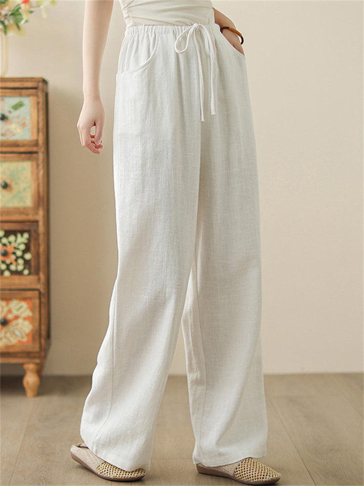 Women's White Solid Color Drawstring Drape Wide Leg Pants