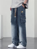 Men High Street Cargo Jeans Drawstring Wide Leg Washed Baggy Denim Pants