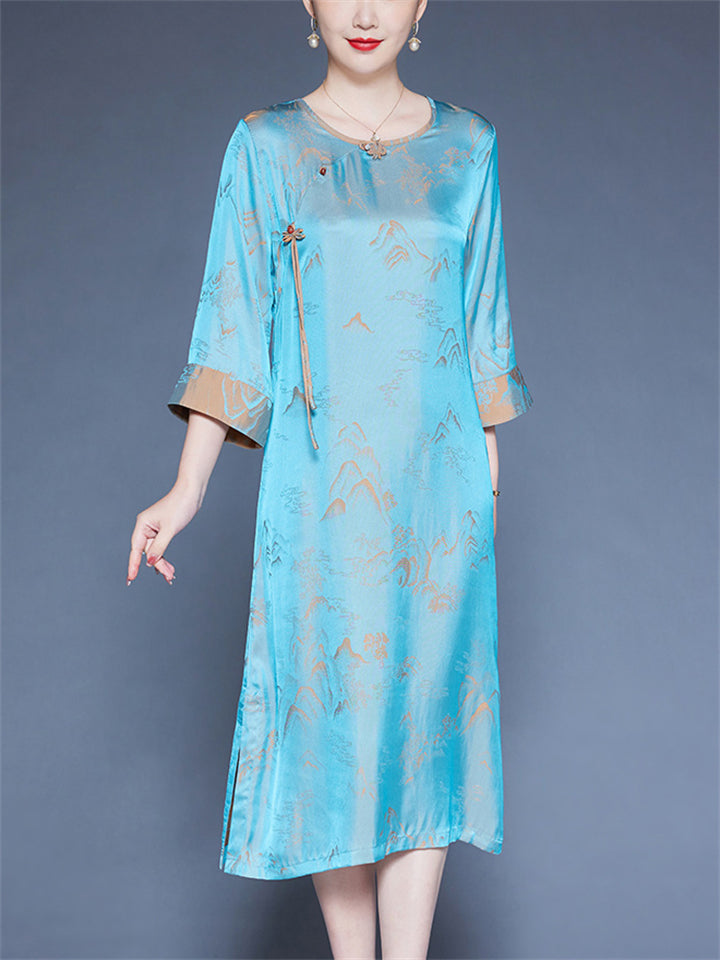 Women's Xiang Yunsha Mountain Print Contrast Trim O-neck 3/4 Sleeve Dress