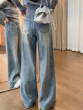 Women's Spring Rhinestone High Waist Staight Wide Leg Jeans