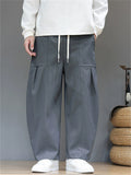 Men's Japanese Style Simple Pleated Drawstring Wide Leg Pants with Pockets