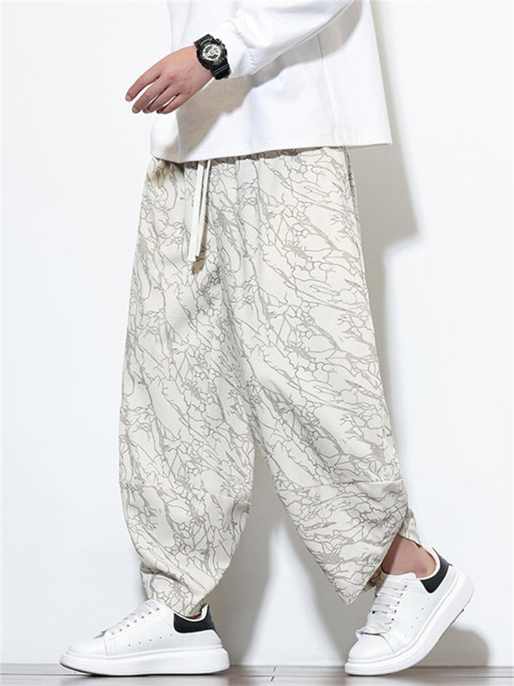 Men's Autumn Casual Texture Printed Wide Leg Carrot Cropped Pants