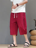 Men's Cotton Linen Solid Color Texture Drawstring Capri Pants