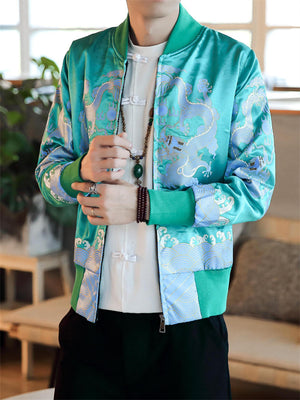 Men's Chinese Dragon Print Slim Fit Baseball Jacket