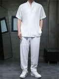 Men's 2Pcs Summer Zen Style Stand Collar Short Sleeve Solid Color Outfits