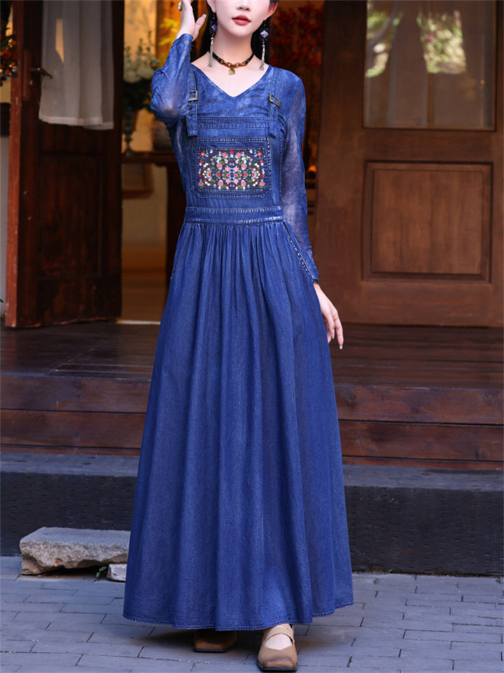 Women's Cotton Sleeveless Denim Jumpers Dress Pockets