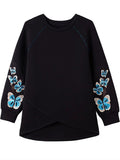 Women's Black Butterflies Embroidery Long Sleeve Pullover Sweatshirt