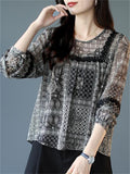 Women's Loose Black Print O-Neck Lace Trim Chiffon Shirt