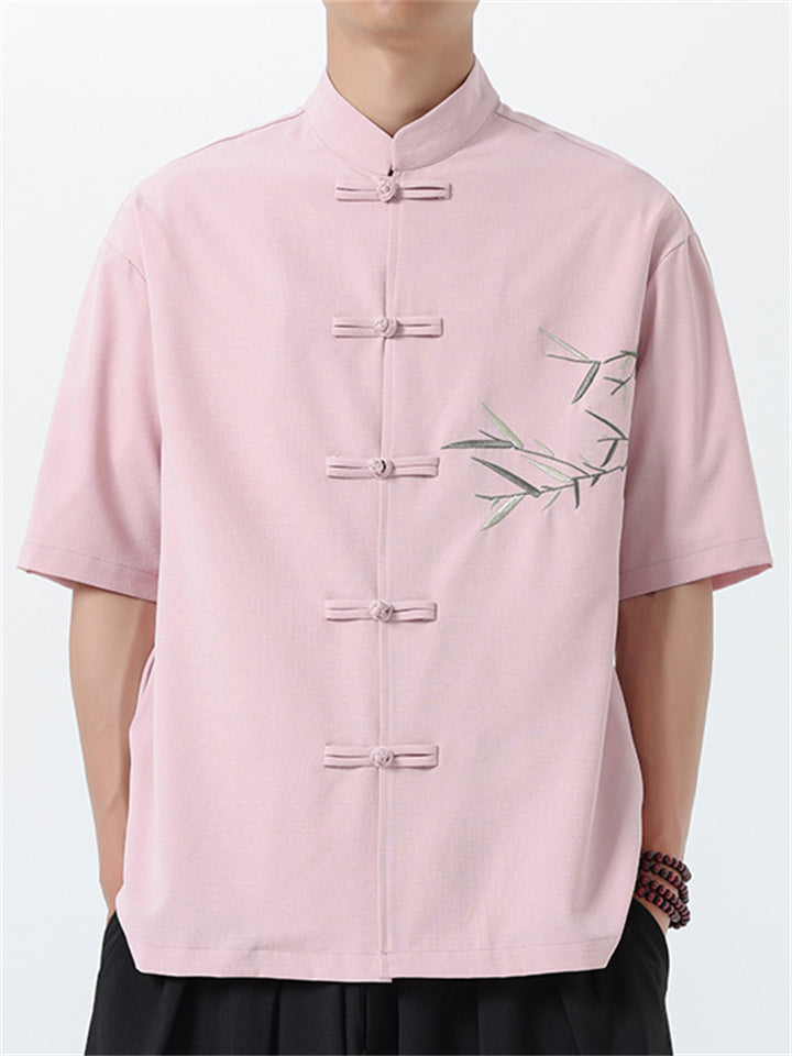 Men's Summer Leaves Embroidery Stand Collar Tang Suit Shirts