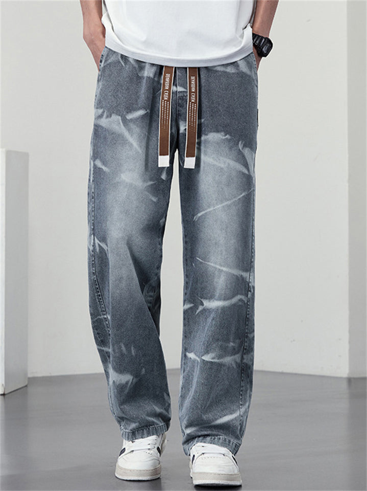 Men Plus Size Washed Tie Dye Drawstring Elastic Waist Loose Fit Jeans