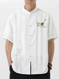 Chinese Style Men's Crane Embroidery Stand Collar Half Sleeve Shirts
