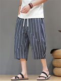 Men's Cotton Linen Stripe Drawstring Capri Pants