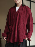 Chinese Zen Style Jacquard Slant Placket Tie Waist Hanfu Cardigan Shirts