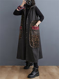 Vintage Floral Single Breasted Sleeveless Denim Hooded Coat