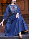 Women's Artsy O-neck Ethnic Embroidery Pockets Denim Dress