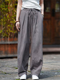 Summer Cotton Linen Stripe Casual Straight Pants for Women