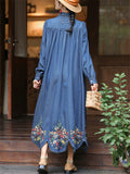 Embroidered Cotton Button Polo Collar Loose Denim Dresses for Women
