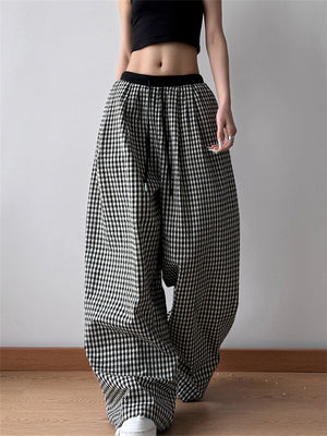 Retro Women's Black and Whiite Plaid Drawstring Wide Leg Straight Pants