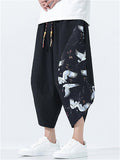 Men's Ethinic Style Quick Dry Crane Print Baggy Harem Pants
