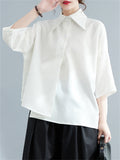 Black & White Simple Lapel Button Up 3/4 Sleeve Shirt for Women