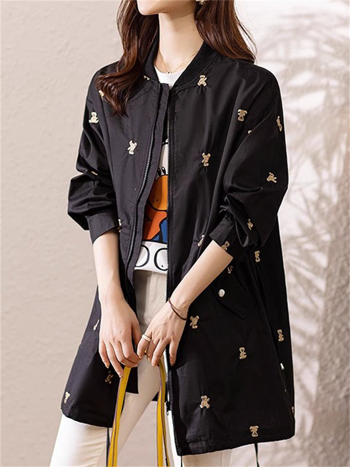Women's Bear Embroidered Baseball Collar Long Sleeve Jacket