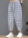 Men's Casual Drawstring Wide Leg Plaid Capri Pants