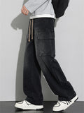 Men Wide Leg Cargo Jeans Vintage Washed Loose Fit Denim Pants