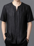 Men's 2Pcs Summer Chinese Style Black Tussah Silk Short Sleeve Tangsuit Outfits