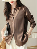 Ladies' Elegant Autumn OL Style Solid Color Long-sleeve Satin Shirts