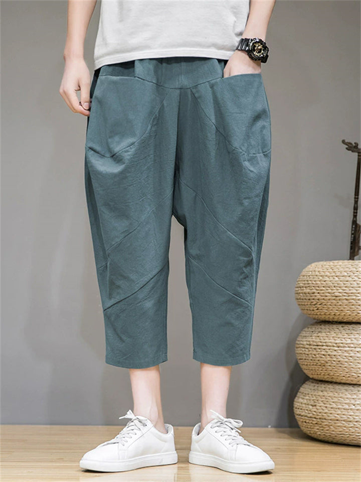 Mens Linen Blend Loose Baggy Cropped Wide Leg Harem Pants with Pockets