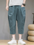 Mens Linen Blend Loose Baggy Cropped Wide Leg Harem Pants with Pockets