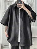 Summer Solid Color Pleated Button Up Half Sleeve Shirt for Men