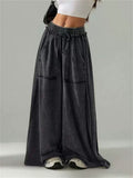 Women's Distressed Black Elastic Waist Wide Leg Long Pants