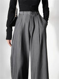Women's Gray Stripe High-Waist Office Wide Leg Pants