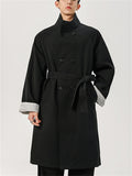 Men Double Breasted Trench Coat Long Belted Windbreaker Overcoat