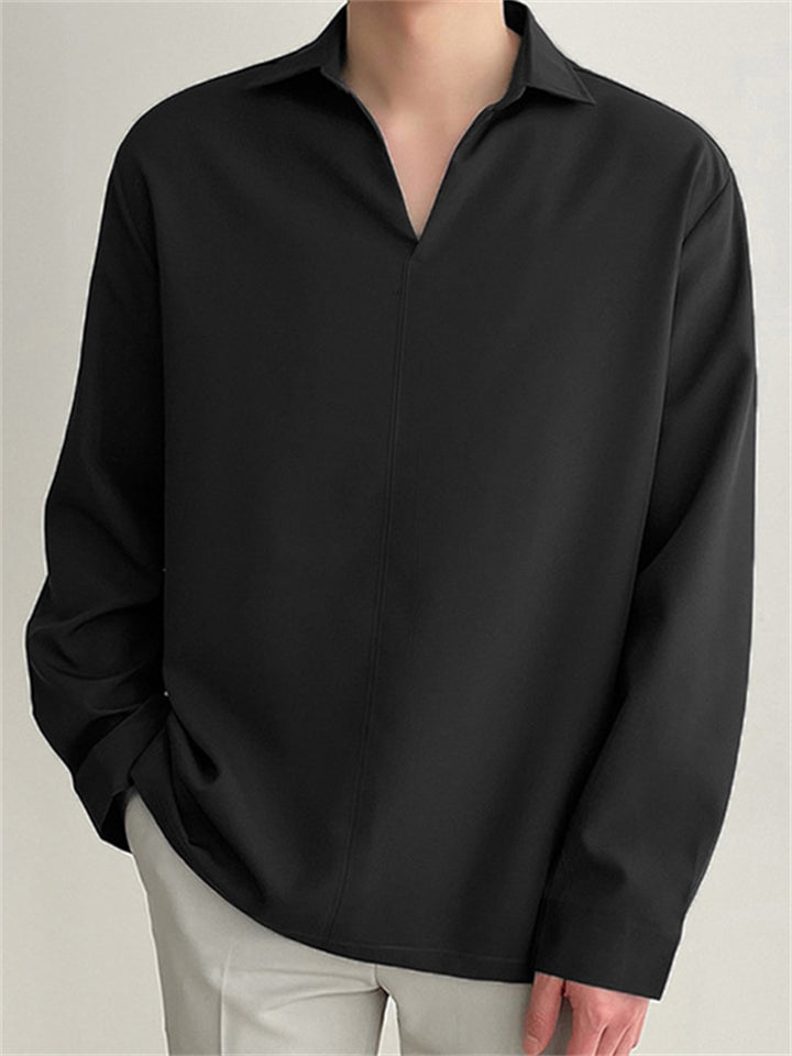 Men's Casual Solid Color V Neck Drape Long Sleeve Shirt