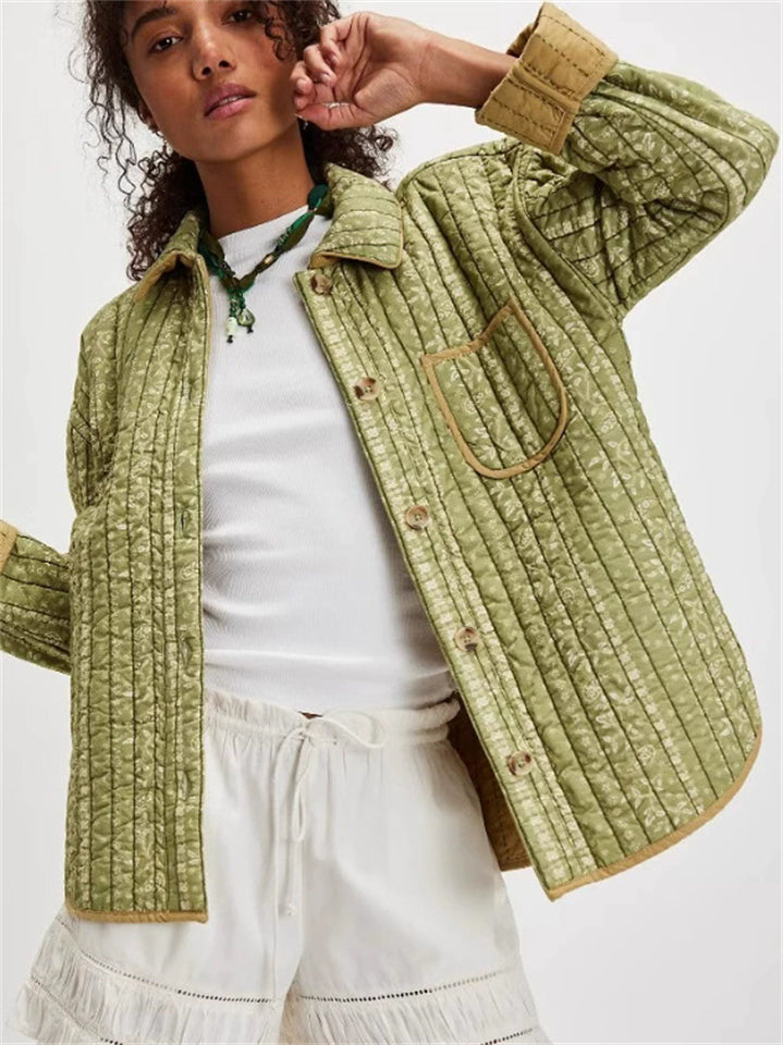 Women's Autumn Print Conast Color Quilted Lapel Long Sleeve Cardigan Coats