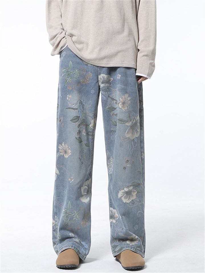 High Street Flowers Print Wide Leg Straight Denim Pants for Men