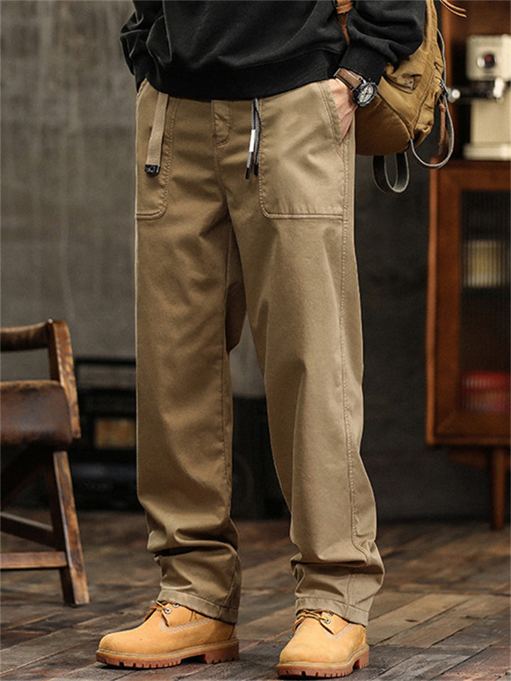 Men Vintage Cotton Drawstring Loose Fit Straight Leg Cargo Pants