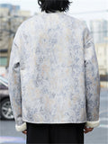 ‌Chinese Style Gray Printed Winter Coat with Faux Fur Trim for Men